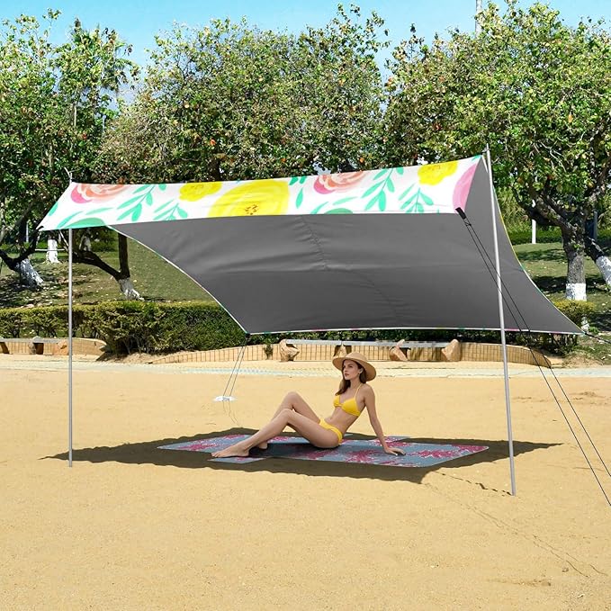 Beach Canopy with Windproof Ropes &amp Sandbags Beach Tent Sun Shade Sun Shelter for Camping Trips Fishing Backyard Fun or Picnics Flowers