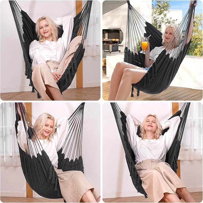 Y- STOP Hammock Chair Hanging Rope Swing Max 500 Lbs 2 Cushions Included Large Macrame Hanging Chair with Pocket Cotton Weave for Superior Comfort Durability (Dark Grey)