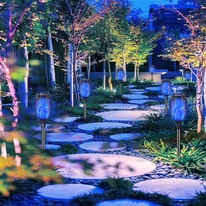 Outdoor Solar Lights Blue 12 Pack Solar Torch Lights with Flickering Flame Waterproof Mini Tiki Torches for Landscape Garden Pathway Dusk to Dawn Auto On/Off