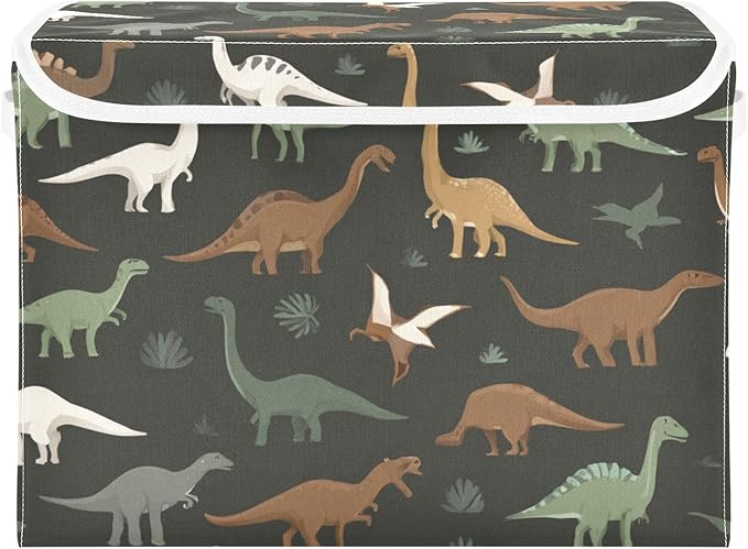 Storage Bins with Lids Storage Containers Box Organizer Bin Basket with Handles for Closet Shelves Clothes Stackable Foldable Decorative Green and Brown Dinosaurs