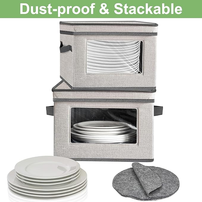 homyfort China Storage Containers With Lid and Handles Dinnerware Storage Box for Dishes with 12 Felt Dividers Hold 24 Plates12 x 12 Set of 2 Light Grey