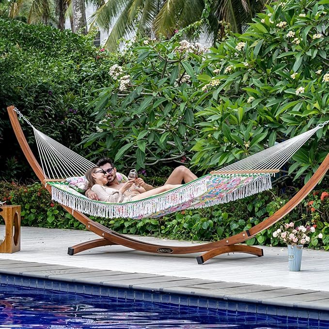 Lazy Daze Hammocks 12 FT Double Quilted Fabric Hammock with Extra Large Soft Pillow and Carrying Bag 2 Person Outdoor Hammock with Spread Bar and Elegant Tassels Heavy Duty 450 lbs Capacity Floral