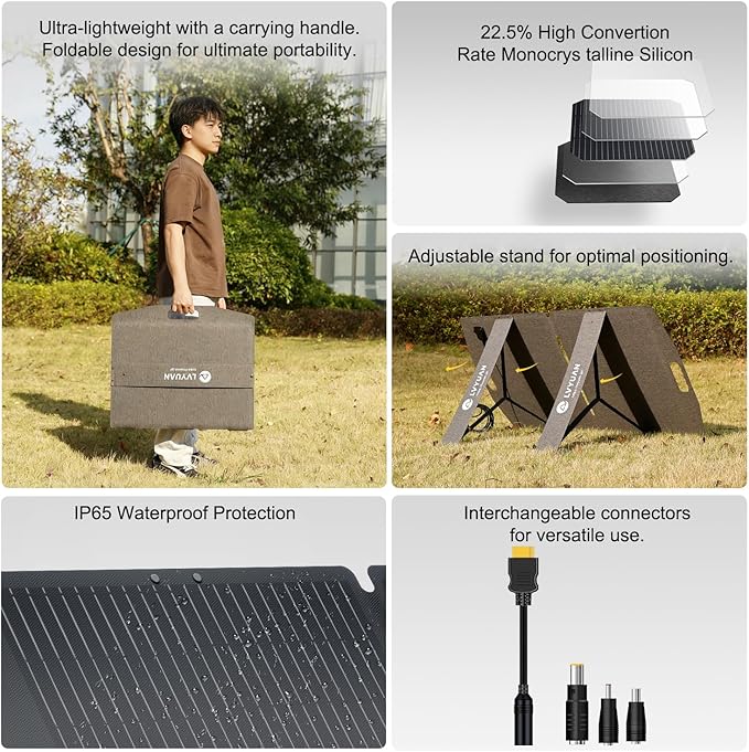 LVYUAN 100W Solar Panel 18.5V Foldable ETFE Conversion Rate 22.5% Monocrystalline IP65 Waterproof Compatible with XT60 DC5525 DC7909 DC35135 Fast Charging Foldable with Stand High Efficiency