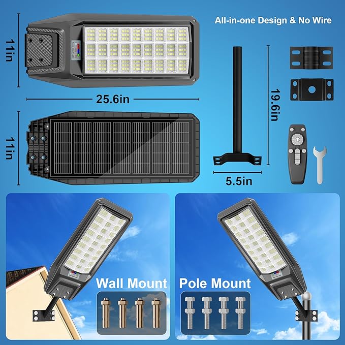9500W Solar Street Light Outdoor Waterproof 250000LM Large Commercial Light Solar Powered Dusk to Dawn LED Security Flood Lights with Remote/Motion Sensor IP67 for Parking Lot/Garden/Yard