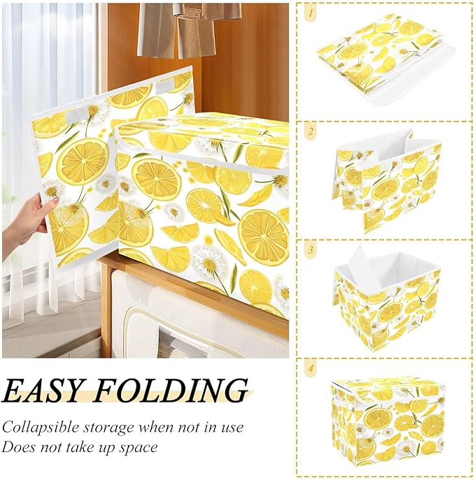 Collapsible Storage Bins with Lids Decorative Fabric Storage Cubes Closet Organizer and Storage Basket Boxes Containers for Clothes Box Chest Folding Rectangle Yellow Summer Lemon Sli