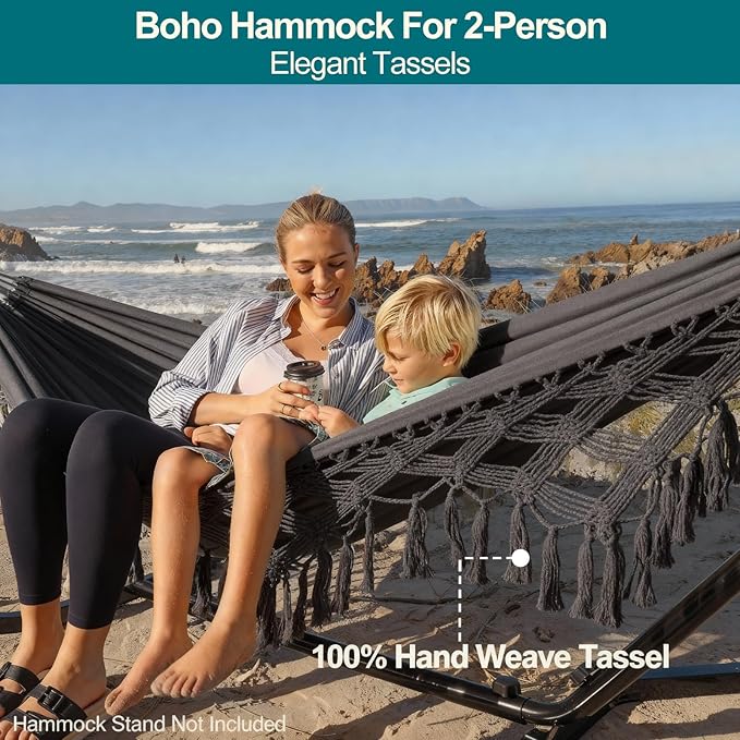 JoyView Boho Macrame Double Hammock with Hanging Ropes &amp Elegant Tassels 86.6x59 Portable Cotton Hammock for Patio Backyard Porch 450LBS Weight Capacity Perfect for Outdoor/Indoor - Dark Grey