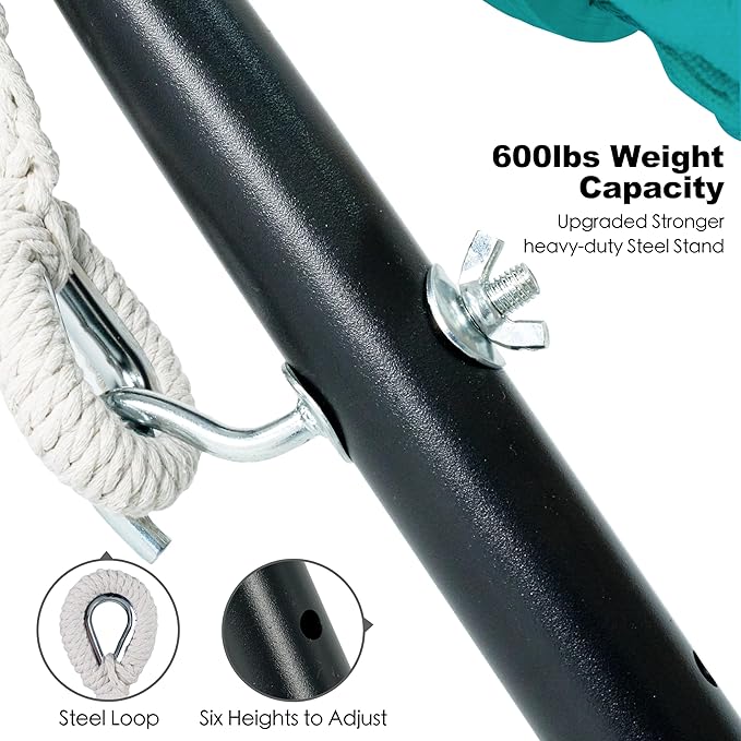 Gafete Double Hammock with Stand for Outside Upgraded Spreader Bar Heavy Duty Space Saving Steel Stand 2 Person Side Pockets Easy Assembly 600lbs Weight Capacity Indoor &amp Outdoor (Aqua Blue)