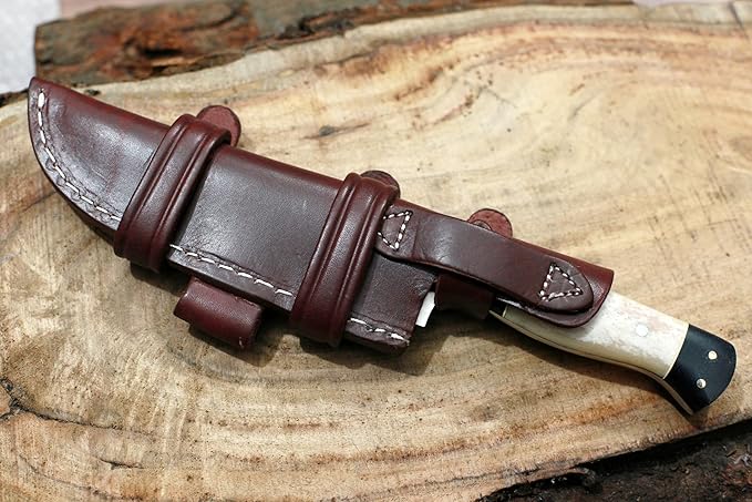GCS Handmade D2 Tool Steel Bone Handle Hunting Skinning Camping Knife with Brown Leather Right or Left Hand Horizontal Fixed Blade Knife Sheath GCS207