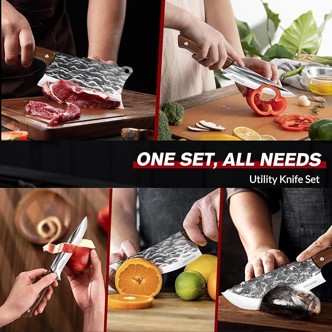 MDHAND Butcher Knife Set Hand Forged Butcher Chef Knife Set with Roll Bag Sharp Heavy Duty Bone Chopper Knives &amp Boning Knife for BBQ Outdoor Camping Meat Cleaver Tools Gifts for Men Women