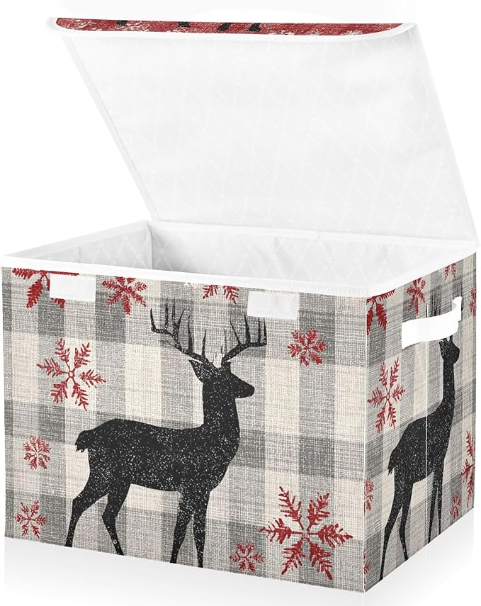 Grey Checkered Christmas Deer Storage Box with Lid 1 PC Foldable Storage Bin with Lids Stackable Storage Bins Cube Closet Organizer Basket with Flip-Top Lid &amp Handles for Shoes Books Towels