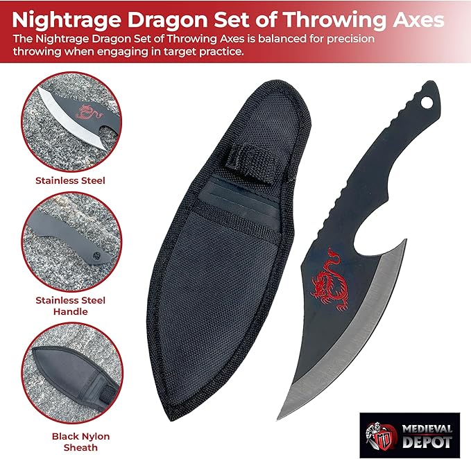 MedievalDepot Nightrage Dragon Set of Throwing Axes – Set of 3 – Overall 7.5” – Black Metal Chinese Style Axes with Rockaway Blade – Includes Sheath with Belt Loop for Carrying