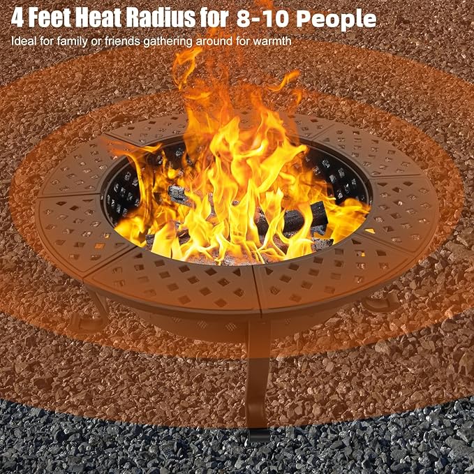Panovue 42 Inch Fire Pit with 2 BBQ Grills Wood Burning Fire Pits for Outside with Lid &amp Fire Poker BBQ&amp Outdoor Firepit &amp Round Metal Table 3 in 1 for Patio Picnic Party