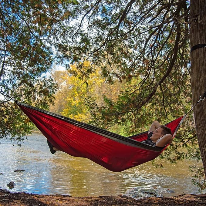 Vivere Double Parachute Camping Hammock Includes Stuff-Sack (Crimson/Grey)