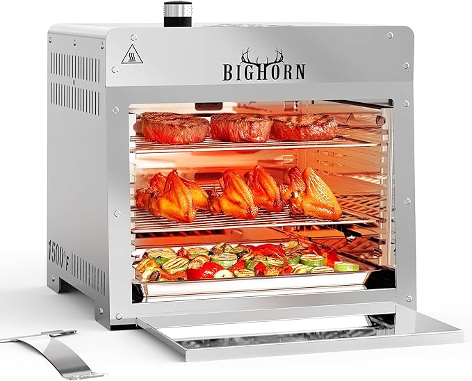 BIG HORN OUTDOORS 1500°F Small Infrared Propane Gas Grill – Portable Steak Broiler &amp Sear Station Outdoor Salamander BBQ with Pizza Stone Stainless Steel