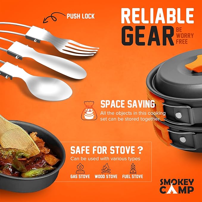 Smokey Camp Camping Cookware Mess Kit Set with Stove - Backpacking Camping Pots and Pans Set All in One Non-Stick Camping Cooking Set Portable Stove Hiking Picnic Outdoor &amp Camping Cookware S