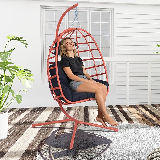 Hanging Egg Chair with Stand Outdoor Indoor Patio Rattan Swing Hammock Chairs with Washable Cushion 350lbs Capacity PE Wicker Swing Chair for Backyard Bedroom Garden (Orange + Black Cushion)