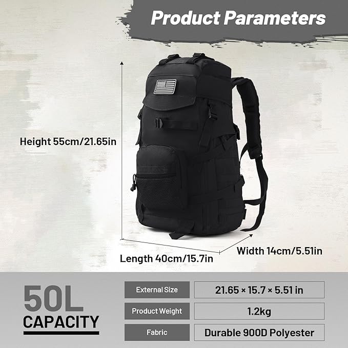 50L Tactical Backpack for Men and Women Water-Resistant Molle Rucksack Large Military Assault Pack for Hiking Hunting Camping Gym &amp Outdoor Survival Black