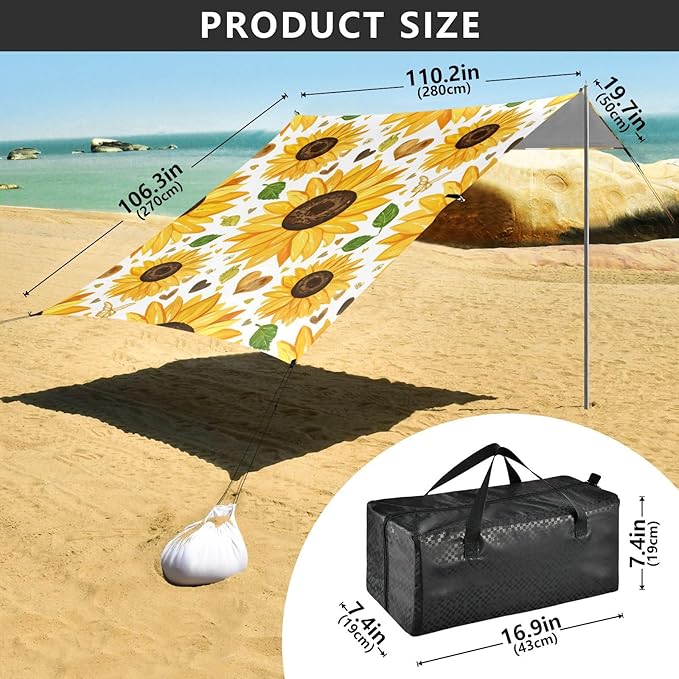 Beach Canopy with Windproof Ropes &amp Sandbags Beach Tent Sun Shade Sun Shelter for Camping Trips Fishing Backyard Fun or Picnics Sunflower