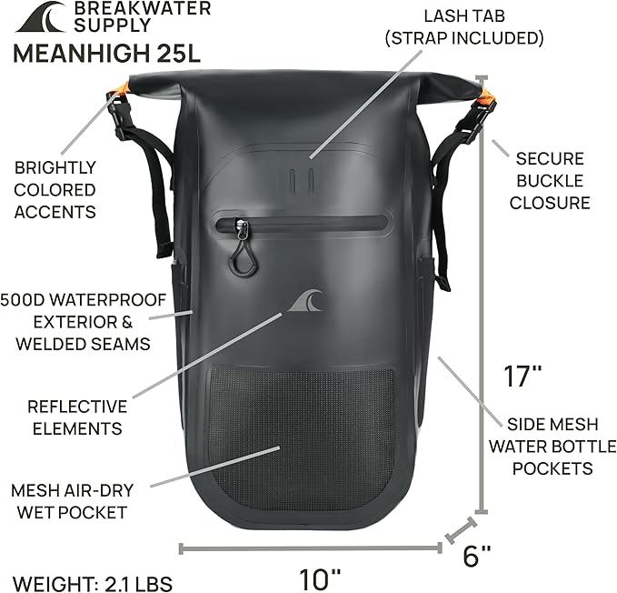 Breakwater Supply™ Meanhigh Dry Bag Waterproof Rolltop Backpack 25L Medium/Large for Water Sports Moto Hiking Camping with Lightweight Fast-Drying Padding (Black)