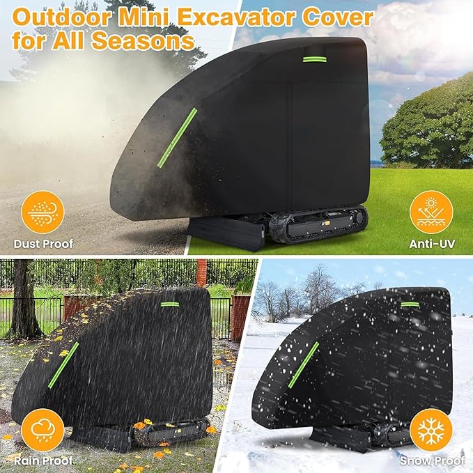 Fafeicy Mini Excavator Cover for 800-1600kg 210D Oxford Fabric Zippered Black Fits Mini Excavators Approx. 355.6 x 114.3 x 190.5cm