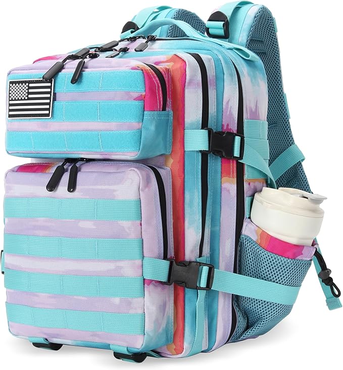 Lovelinks21 25L Tactical Military Backpack Small Travel Backpack for Men and Women Assault Pack Bug Out Bag Molle Daypack Gym Backpack with Bottle Holder (Rainbow Tie Dye)