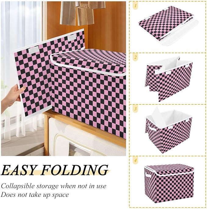 Pink Black Checkerboard Storage Baskets Lidded Bin Foldable Storage Boxes Cubes Lids with 2 Handles for Organizing Closet Home Office
