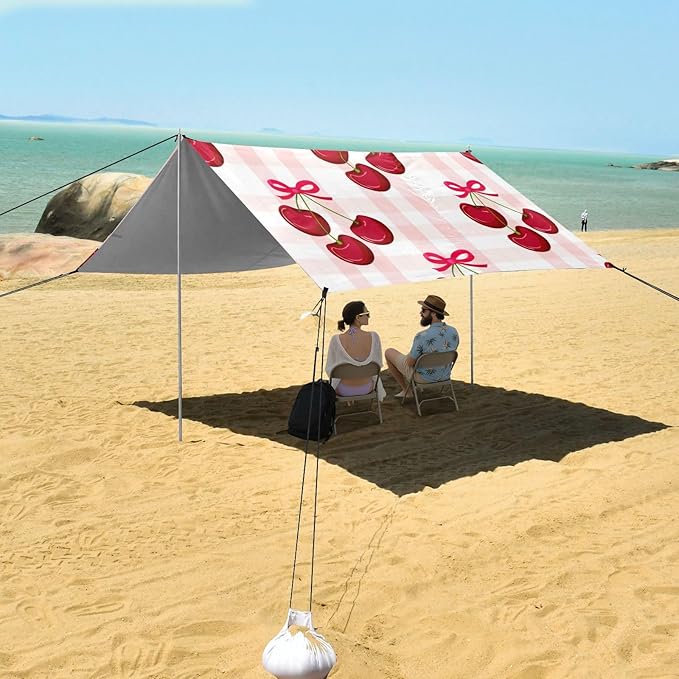 Beach Canopy with Windproof Ropes &amp Sandbags Beach Tent Sun Shade Sun Shelter for Camping Trips Fishing Backyard Fun or Picnics Cherry
