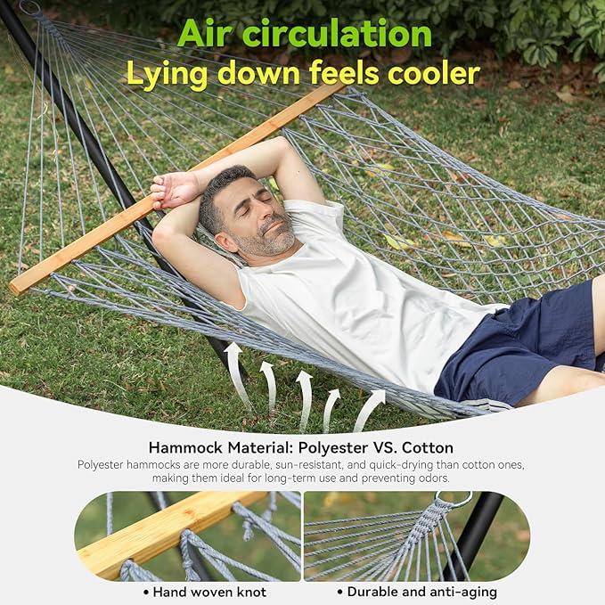 Double Hammock for 2 Person Handwoven Rope Hammock with Spreader Bar Without Stand - Indoor &amp Outdoor Use for Patio Poolside Backyard (Grey)