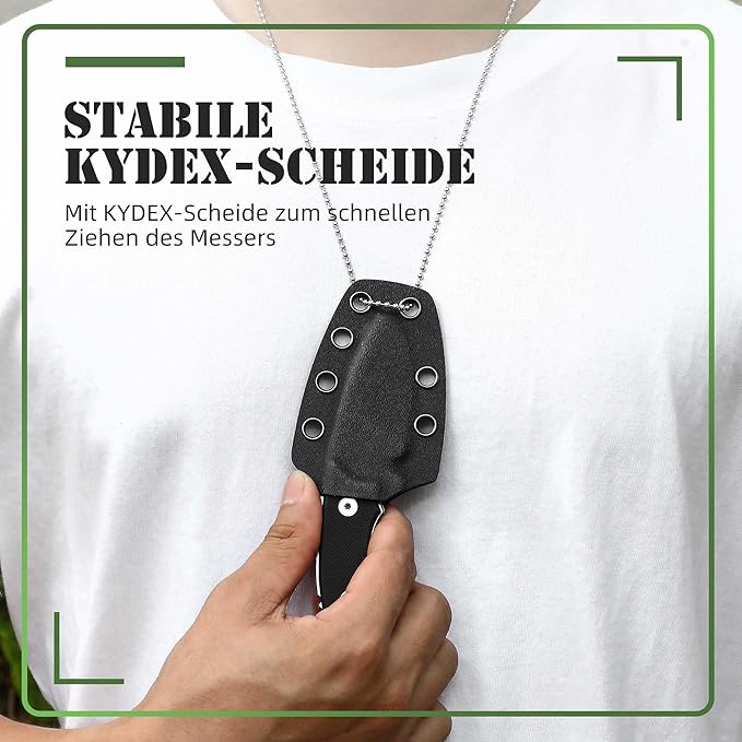 Omesio Neck Knife 5.43 Neck Knife with Sheath and Necklace Full Tang Small Mini Fixed Blad Knife with Clip D2 Steel 2.17-Inch Blade G10 Handle for Camping Tactical (Black Handle + Black Blade)