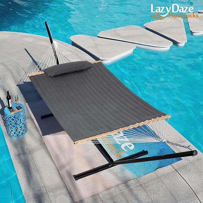 Lazy Daze Hammocks 12 FT Sunbrella Fabric Quilted Hammock Double Sunbrella Quilted Hammock with Spreader Bars &amp Pillow All Weather and Fade Resistant for Outdoor 450 lbs Capacity Cast Slate