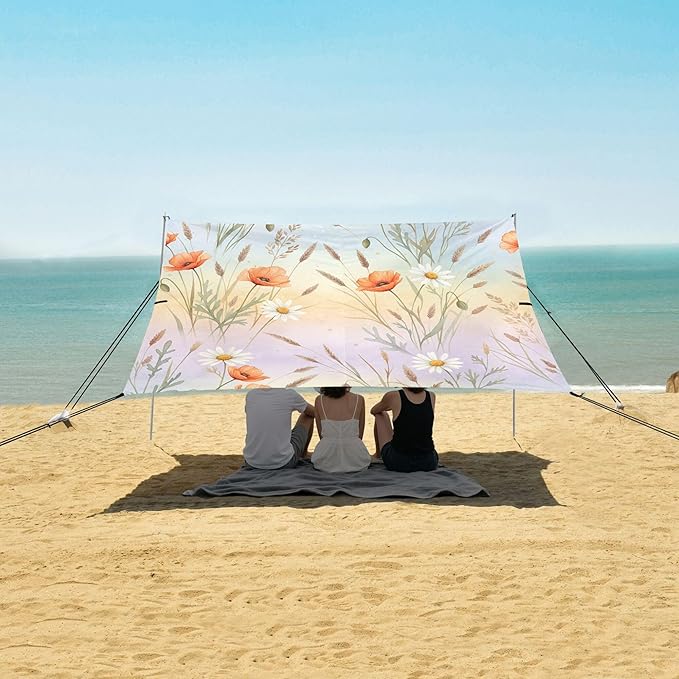 Wildflowers Beach Canopy Sun Shelter with Sandbags &amp Sand Shovel &amp Windproof Ropes - Portable 110x126 Beach Shade Beach Tent for Camping Picnics