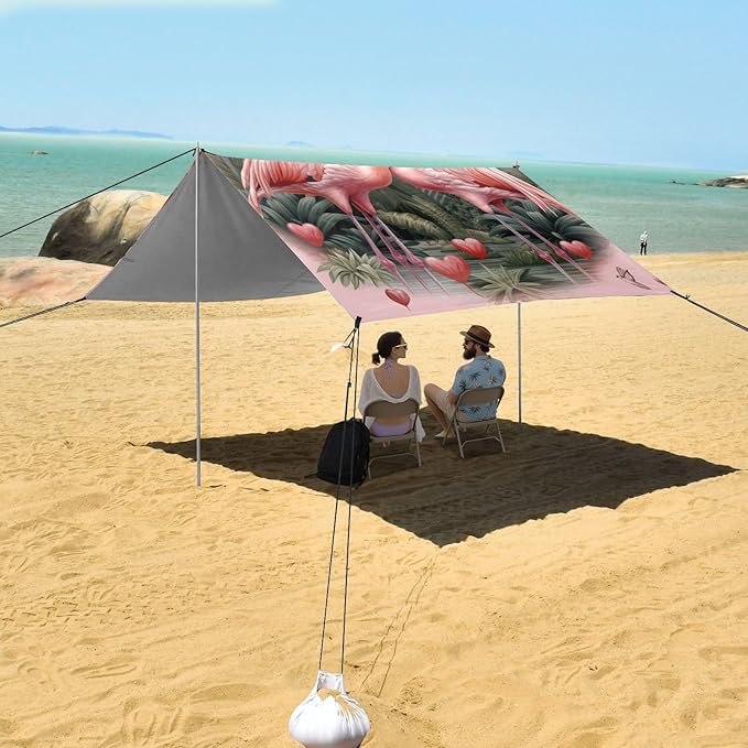 ALAZA Two Flamingo Pink Heart in Palm Jungle Beach Tent Sun Shelter Portable Canopy Sunshade for Outdoor Camping Picnics Backyard Fun 10x9 ft