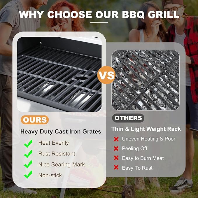 4-Burner Propane Gas Grill with Side Burner 46000 BTU Outdoor BBQ Grill with Porcelain-Enameled Cast Iron Grates and Griddle Pan Built-in Thermometer Stainless Steel Grill for Outdoor Cooking