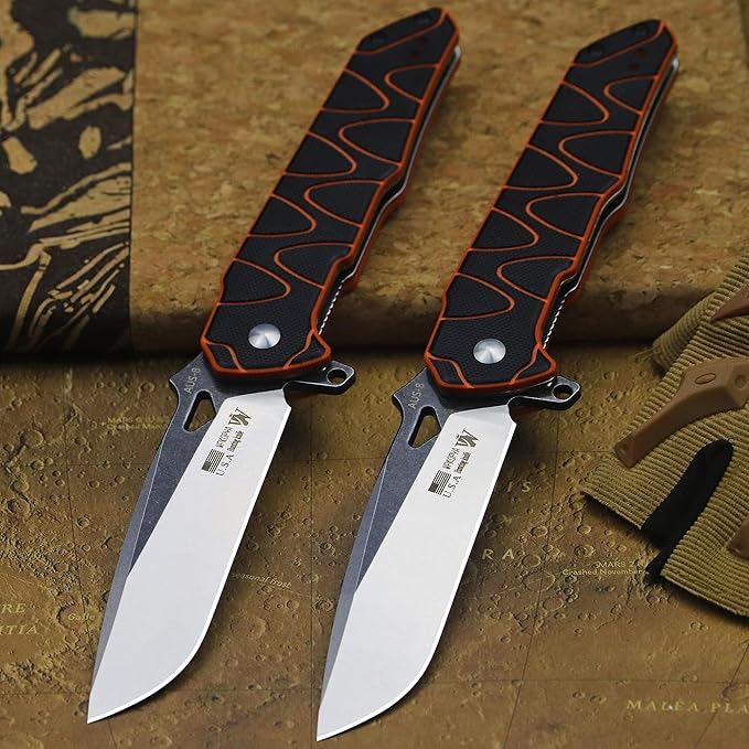 WPKOPYA 8.4in Folding Knife AUS-8 Steel Blade G10 Handle with Anti-Slip Texture Ball Bearing Pivot Stonewashed Finish EDC Pocket Knife for Camping Hiking Survival (AUS-8 (G10 black/orange))