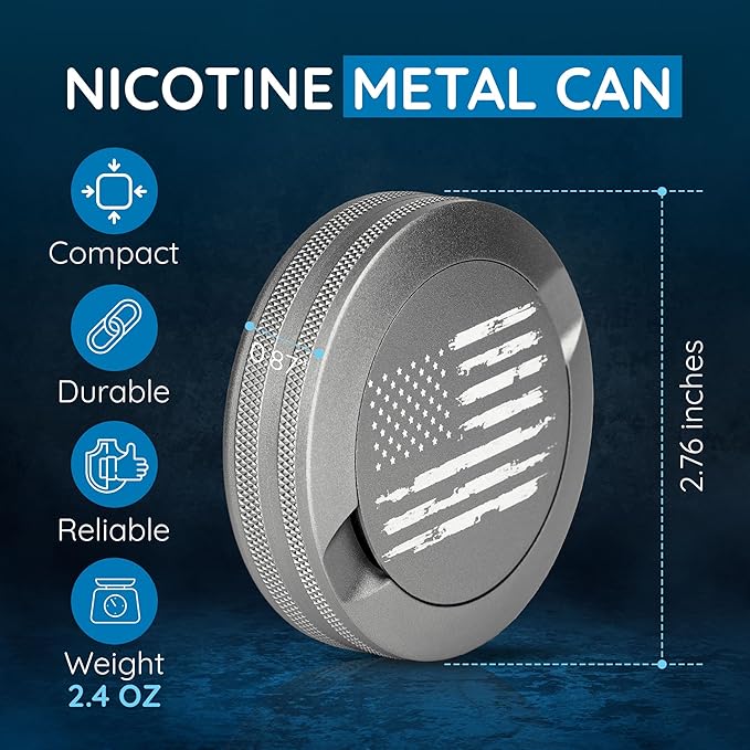 Premium Nicotine Pouch Container | Zyn Metal Can | Moisture &amp Odor Proof Snus Can | Zyn Accessories | Laser Engraved American Flag Design (Silver)