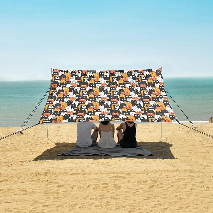 ALAZA Cats Kitten Cartoon Beach Tent Sun Shelter UPF50+ Protection Beach Shade Canopy w/ 4 Sandbags for Outdoor Camping Fishing Backyard Fun Picnic 10x9 ft