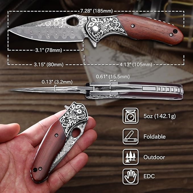 Damascus Pocket Knife for Men Wooden Handle and Sharp Damascus Steel Blade Folding Knives EDC Knifes for Outdoor Camping Hiking Collection