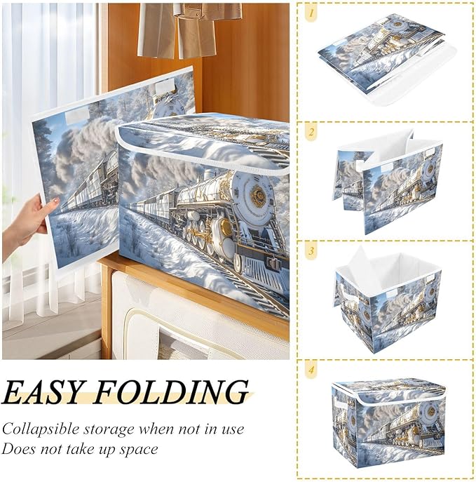 Storage Cube with Lid Luxurious Train Print 16.5×12.6×11.8 IN Collapsible Large Capacity Foldable Storage Basket Bin Organizer