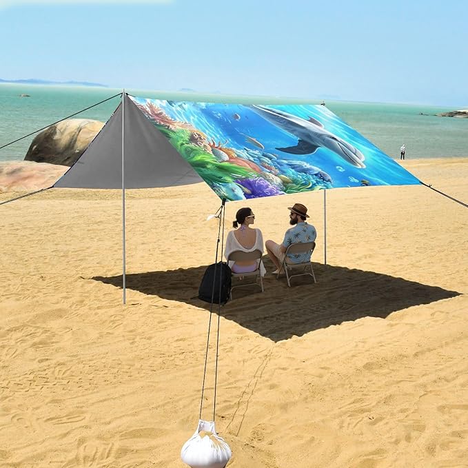 ALAZA Dolphin Turtle in The Ocean Beach Tent Sun Shelter UPF50+ Protection Beach Shade Canopy w/ 4 Sandbags for Outdoor Camping Fishing Backyard Fun Picnic 10x9 ft