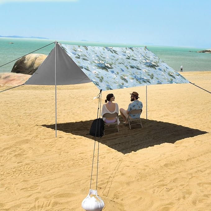 White Blue Flowers Beach Tent Sun Shelter Set UPF50+ UV Protection 10.5 x 9.19 FT Camping Shade Canopy with Sandbags Sand Anchors Carrying Bag and Others