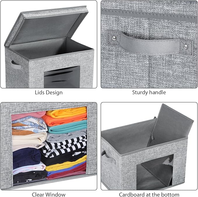 Univivi Fabric Foldable Storage Boxes Large Storage Bins with Lids [4-Pack] Collapsible Storage Cubes Closet Organizers and Storage Cubes for Home Bedroom Closet (Grey 17“ x 12” x 12)