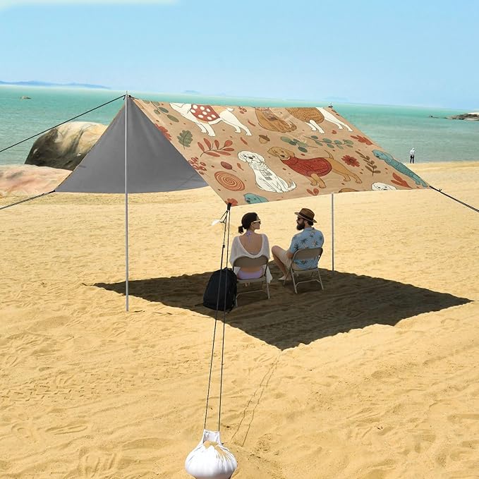 Beach Canopy with Windproof Ropes &amp Sandbags Beach Tent Sun Shade Sun Shelter for Camping Trips Fishing Backyard Fun or Picnics Dog