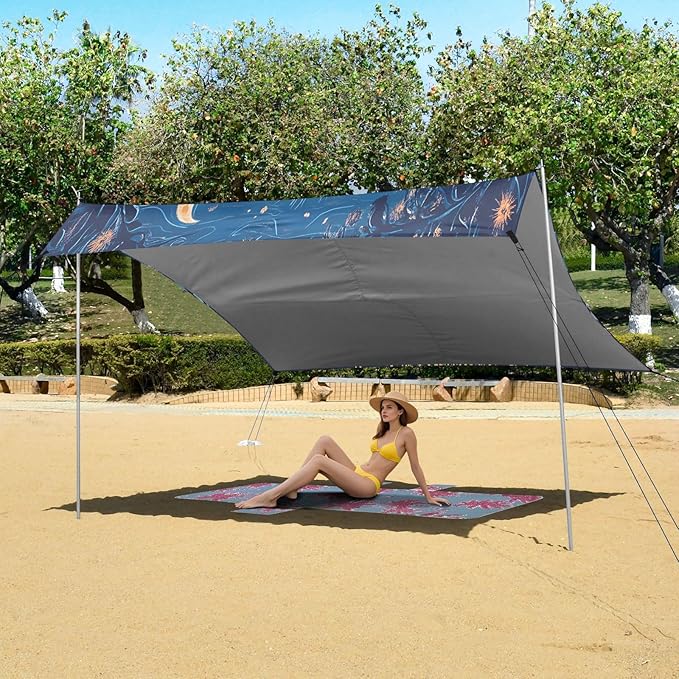 Sun Moon Art Beach Tent Sun Shelter Set UPF50+ UV Protection 10.5 x 9.19 FT Camping Shade Canopy with Sandbags Sand Anchors Carrying Bag and Others