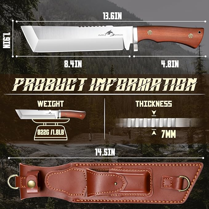 Purple Dragon Japanese Tanto Knife - Fixed Blade Knives with Back-Carry Sheath - Full Tang Knife with Wooden Handle for Camping Outdoor - Christmas Gift for Men and Women