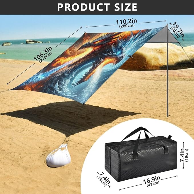 ALAZA Ice &amp Fire Dragons Beach Tent Sun Shelter UPF50+ Protection Beach Shade Canopy w/ 4 Sandbags for Outdoor Camping Fishing Backyard Fun Picnic 10x9 ft