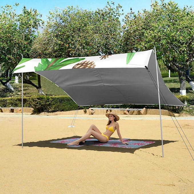 Beach Canopy with Windproof Ropes &amp Sandbags Beach Tent Sun Shade Sun Shelter for Camping Trips Fishing Backyard Fun or Picnics Pine Tree