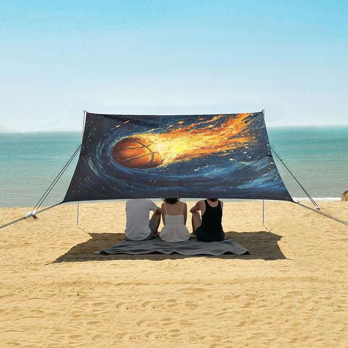 ALAZA Basketball Starry Sky Beach Tent Sun Shelter UPF50+ Protection Beach Shade Canopy w/ 4 Sandbags for Outdoor Camping Fishing Backyard Fun Picnic 10x9 ft