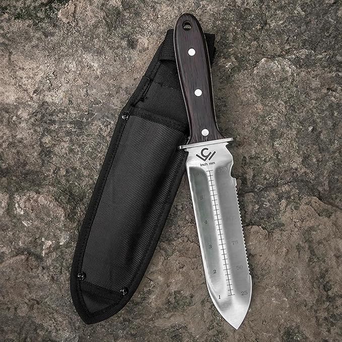 TerraBlade Hori Hori Knife – Heavy-Duty Steel Outdoor Tool with Black Wood Handle for Digging Cutting and Camping
