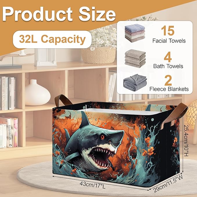 Ocean Shark Storage Bins with Handles Collapsible Storage for Clothes Gift Basket Blankets &amp Closet Organization