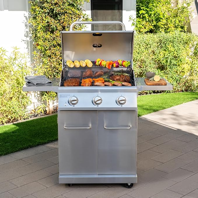 Nexgrill Stainless Steel 3-Burner Propane Gas Grill w/Foldable Side Shelves 40500BTUS 591.05 sq. in. Cooking Area Perfect for Outdoor Cooking &amp Grilling BBQs Backyard Tailgating 720-0830MN